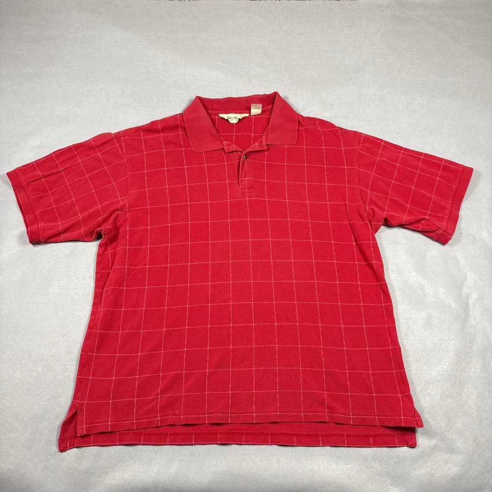 Eddie Bauer Mens Red Windowpane Grid Cotton Pique Short Sleeve Polo Shirt Large